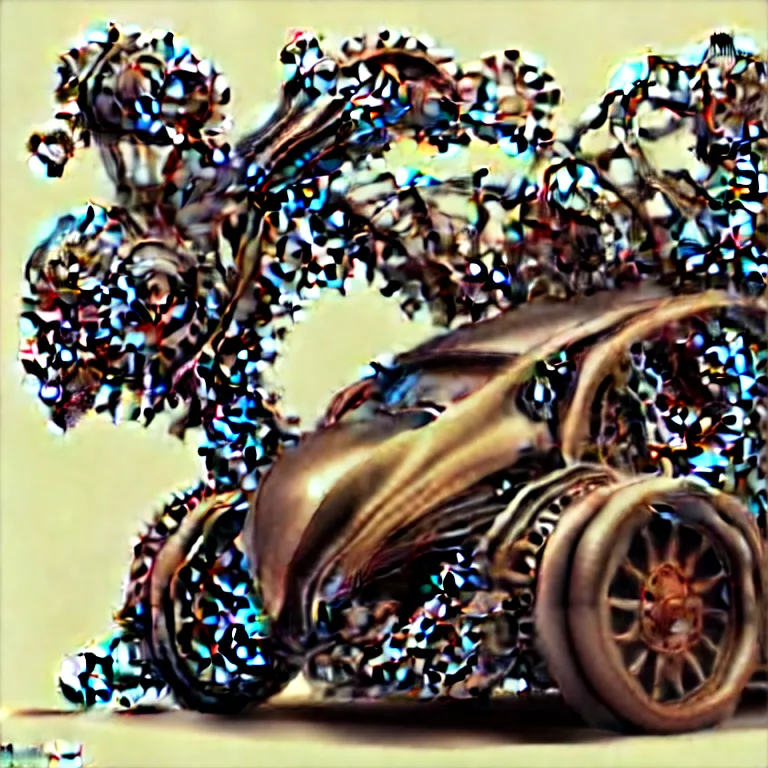 Image similar to biomechanical shiny steampunk vehicle reminiscent of very fast sportscar with robotic parts and (glowing) lights parked in ancient lush palace, gothic and baroque, brutalist architecture, ultradetailed, creepy ambiance, fog, artgerm, giger, Intricate by Ellen Jewett and Josan Gonzalez and Giuseppe Arcimboldo