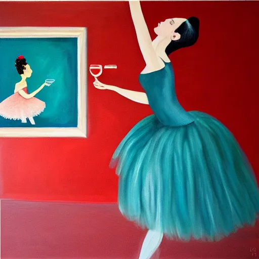 Image similar to square painting of a ballerina drinking wine in a teal room all on a red background