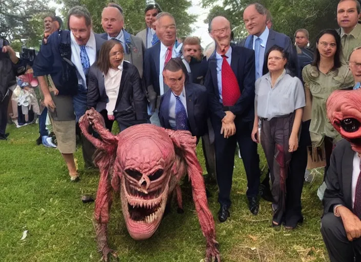 Image similar to a politician photo op with nightmare creatures