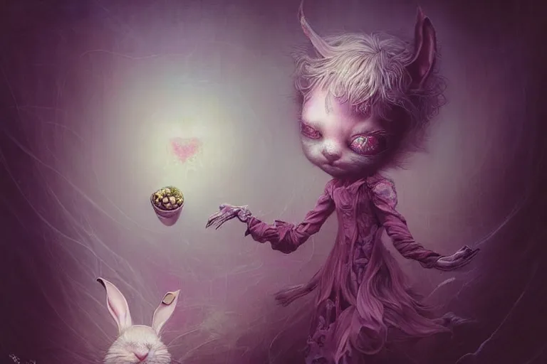 Image similar to Keeping you sane, And you fade away just enough, You felt the edge again, You took two pills And you fell asleep, Hugging six rabbits And having pink nightmares, concept art, trade on artstation, sharp focus, psychedelic, by Yoshitaka Amano, Mark Ryden, Peter Mohrbacher, Gloom, fantasy art, masterpiece, Hyperrealism. Subsurface scattering. Octane Render. Weirdcore