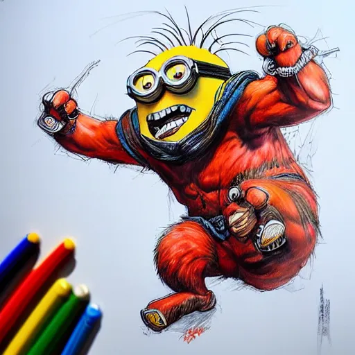 Prompt: Raging Minion Beast by Kim Jung gi, vibrant colors, very coherent symmetrical artwork, cinematic, hyper realism