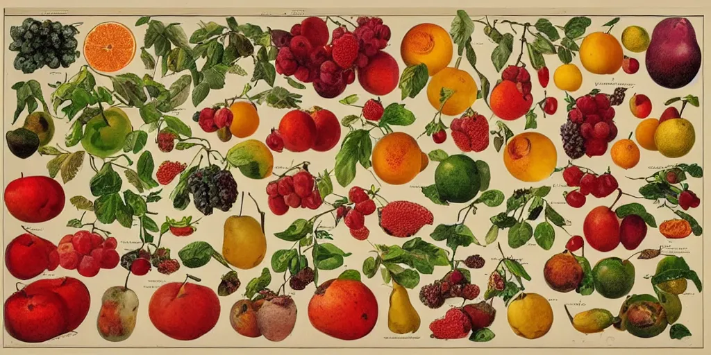 Image similar to catalogue of various vintage fruit illustrations