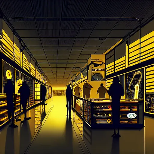 Image similar to inside a robotic shop store in The City of Lisbon at night with a few customers, extreme plus resolution scifi concept art, intricate details to everything visible, sharp lighting, Dramatic light by denis villeneuve, strong emphasis on alphonse mucha, Makoto Shinkai