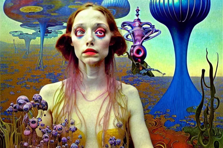 Image similar to realistic extremely detailed portrait painting of an alice in wonderland, futuristic sci-fi landscape on background by Jean Delville, Amano, Yves Tanguy, Ilya Repin, Alphonse Mucha, Ernst Haeckel, Edward Robert Hughes, Roger Dean, rich moody colours, blue eyes