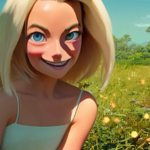 Image similar to a wholesome animation key shot of margot robbie, close up, studio ghibli, pixar and disney animation, sharp, rendered in unreal engine 5, clear sky, anime key art by greg rutkowski, bloom, dramatic lighting