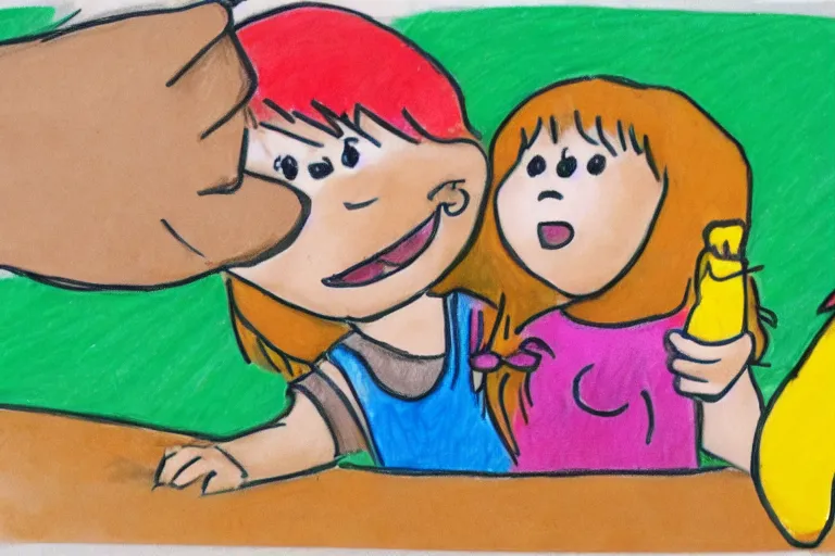 Image similar to Kids crayon drawing of a girl wearing girl shouting to a gorilla eating a banana