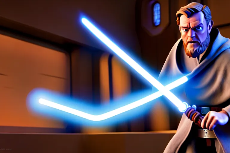 Image similar to obi wan kenobi, screenshot in a typical pixar movie, disney infinity 3 star wars style, art gta 5 cover, official fanart behance hd artstation, volumetric lighting, subsurface scattering, photorealistic, octane render, josh black