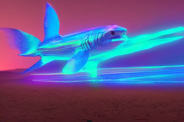 Image similar to a holographic projection of a huge colorful lucid shark made of light beams appears in the desert at night, a man is stunned, by beeple, highly - detailed, fantasy