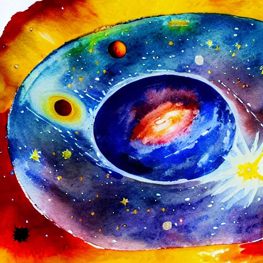 Image similar to planets colliding, space, stars, sun, earth, planets, explosions, huge explosions in space, watercolor art