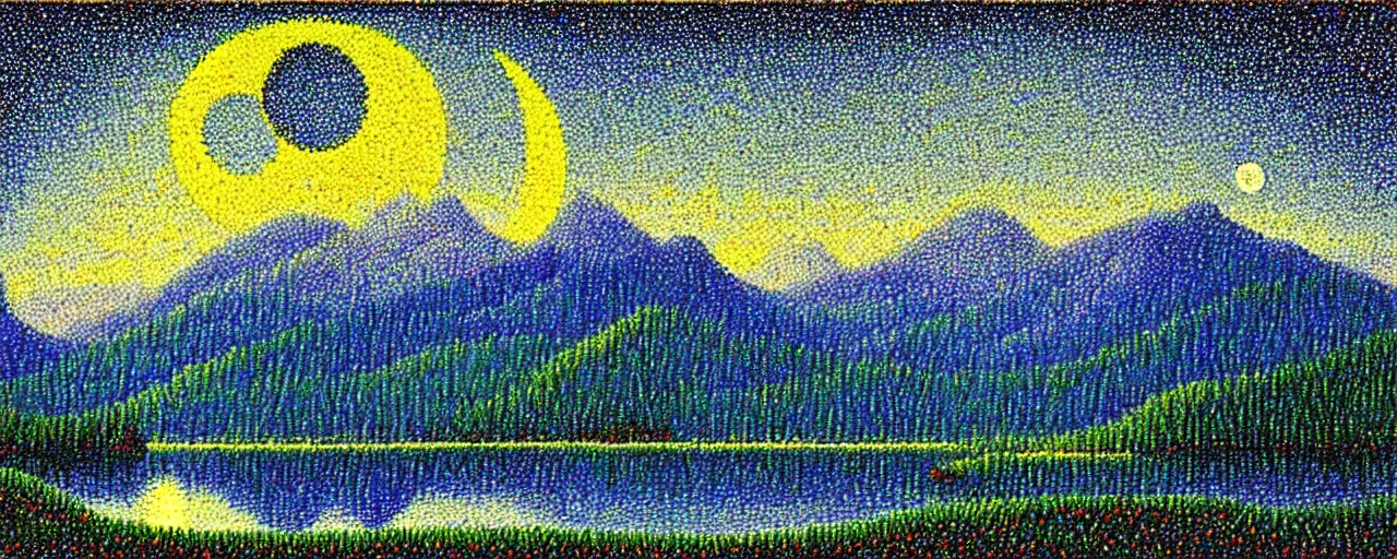 Image similar to a peaceful mountain valley with a lake at night, crescent moon, pointillism