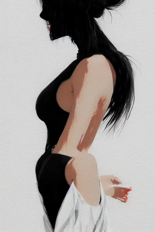 Image similar to a ultradetailed beautiful painting of a stylish woman in with white hair in a ponytail, she is wearing a black tank top, by conrad roset, greg rutkowski and makoto shinkai trending on artstation