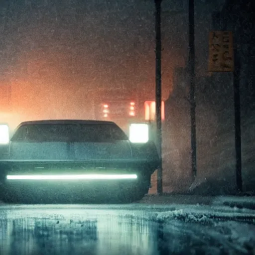 Image similar to empty street Bladerunner 2049 still snowing winter cool lighting soft dark shadows snow melancholic hazy atmospheric lighting volumetric beautiful Roger Deakins Cinematography Jeremy Saulnier