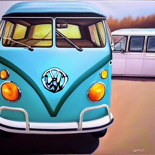 Image similar to a oil painting of a front view vw bus