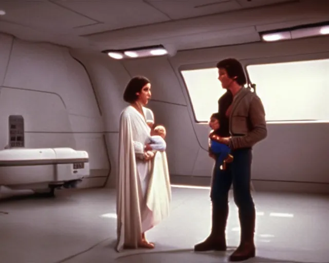 Image similar to screenshot of Han Solo standing next to Princess Leia Organa holding a new born baby in a swaddle, alone, pensive, iconic scene from 1980s Star Wars film directed by Ridley Scott, in a sci fi nursing home architecture, last jedi, 4k HD sharp, cinematic still frame, photoreal, detailed face, moody lighting, stunning cinematography, anamorphic lenses, kodak color film stock