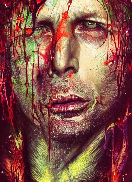 Image similar to a Demon Slayer portrait of Mads Mikkelsen, tall, pale-skinned, slender with lime green eyes and long eyelashes by Stanley Artgerm, Tom Bagshaw, Arthur Adams, Carne Griffiths, trending on Deviant Art, street art, face enhance, chillwave, maximalist, full of color, glittering