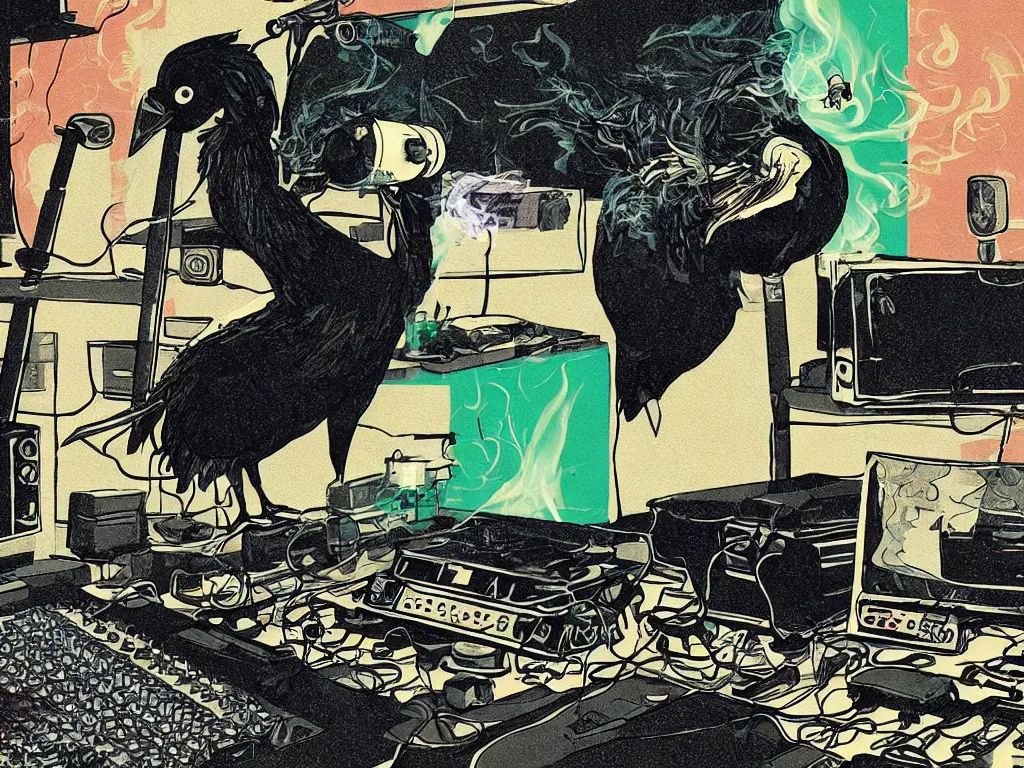 Image similar to 'black chicken'!!! smoking 'cannabis'!!!!!! in front of 'audio console'!!!! and 'multi monitors'!!!! 'in a hi-tech tv broadcasting studio'!!!!, artwork by James Gilleard