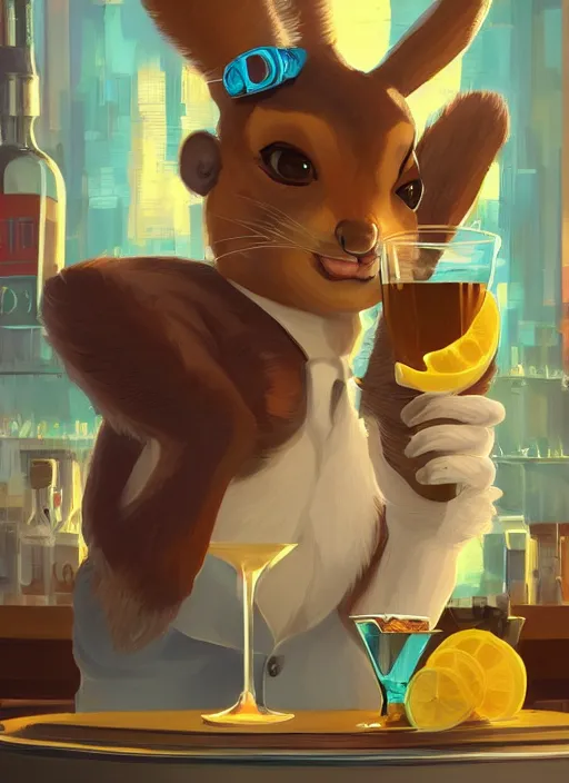 Image similar to squirrel anthro as a dapper bartender with a big, fluffy tail, retro futurism, art deco, detailed, painterly digital art by WLOP and Cory Loftis, 🐿🍸🍋, furaffinity, trending on artstation