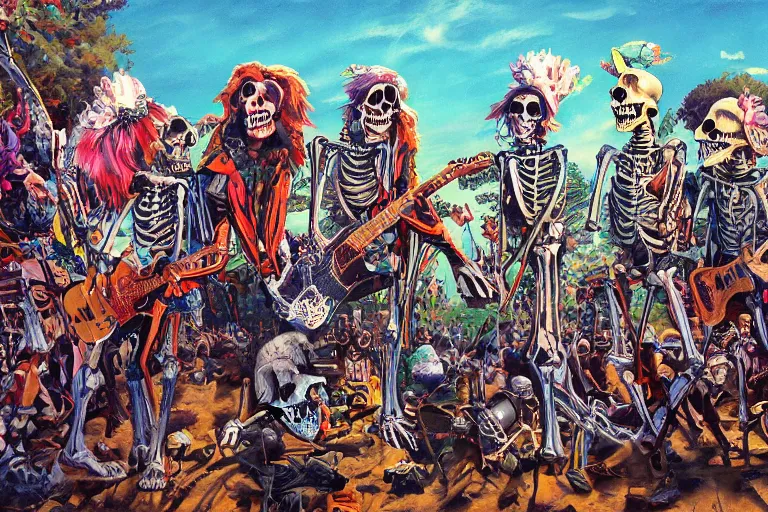 Image similar to skeleton rock band live at coachella, art by danny flynn and simon bisley, trending on artstation, halfrear, oil and canvas, very very intricate, post - modernism