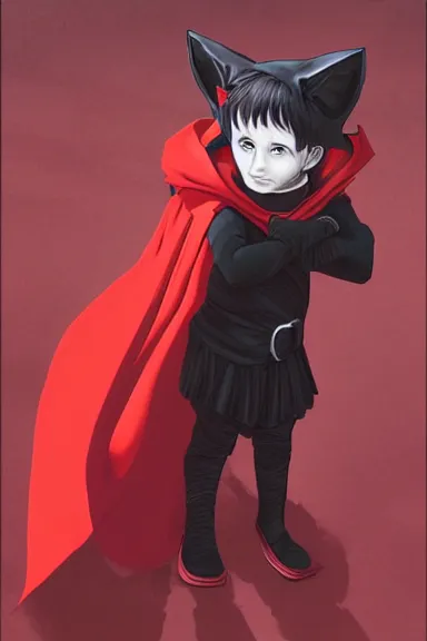 Image similar to little boy with cat ears in an black outfit with red cape. digital artwork made by lois van baarle and kentaro miura and marc simonetti, sharpness focus, inspired by hirohiko araki, anatomically correct, heroic composition, hero pose, smooth, concept art