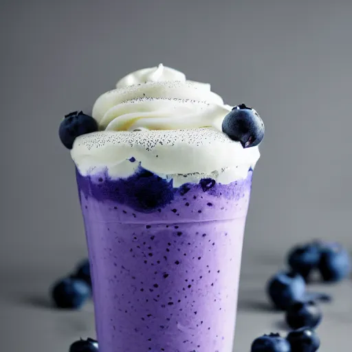 Prompt: one delicious looking blueberry milkshake, blueberries on the side, whipped cream on top, milkshake glass, 8 k resolution, professional food photography, studio lighting, sharp focus, center frame, hyper - detailed