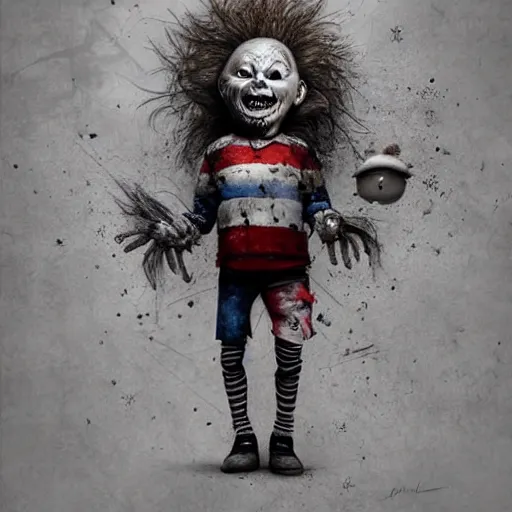 Prompt: michal karcz surrealism grunge drawing of chucky. , in the style of jack skellington, in the style of a clown, loony toons style, horror theme, detailed, elegant, intricate, 4k, Renaissance painting