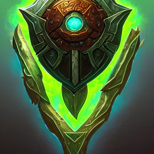 Image similar to bright shield of warcraft blizzard shield art, a spiral green leaves shield. bright art masterpiece artstation. tree and roots shield, 8k, sharp high quality illustration in style of Jose Daniel Cabrera Pena and Leonid Kozienko, green colored theme, concept art by Tooth Wu,