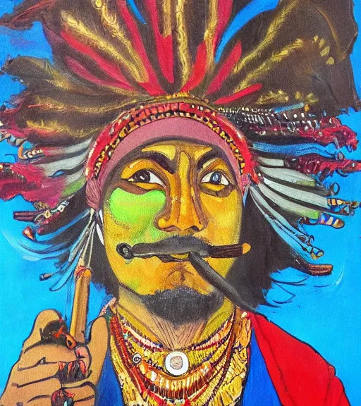 Prompt: Painting of a shaman dressed in a colorful traditional clothes. He is smoking a pipe and blowing out smoke which is morphing into fractals