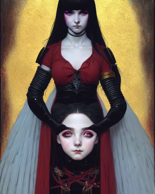 Image similar to portrait of beautiful cute young goth maiden girl with white hair in warhammer armor, red lighting, art by ( ( ( kuvshinov ilya ) ) ) and wayne barlowe and gustav klimt and artgerm and wlop and william - adolphe bouguereau