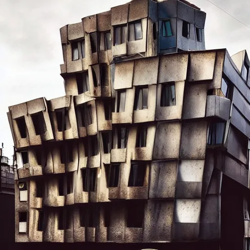 Image similar to “derelict architecture buildings, building designed by architect Frank Gehry, architecture digest, building surrounded in a luxurious environment, modern tones, fluorescent lighting,volumetric Lighting, cyber punk, photorealism, high detail, golden ratio, cinematic, octane renderer”