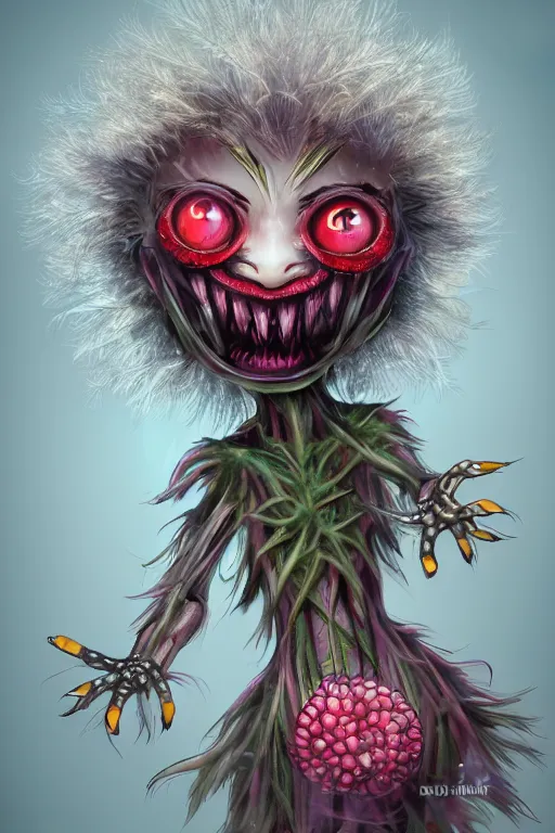 Image similar to a humanoid figure dandelion raspberry monster, large eyes and menacing smile, highly detailed, digital art, sharp focus, trending on art station, anime art style