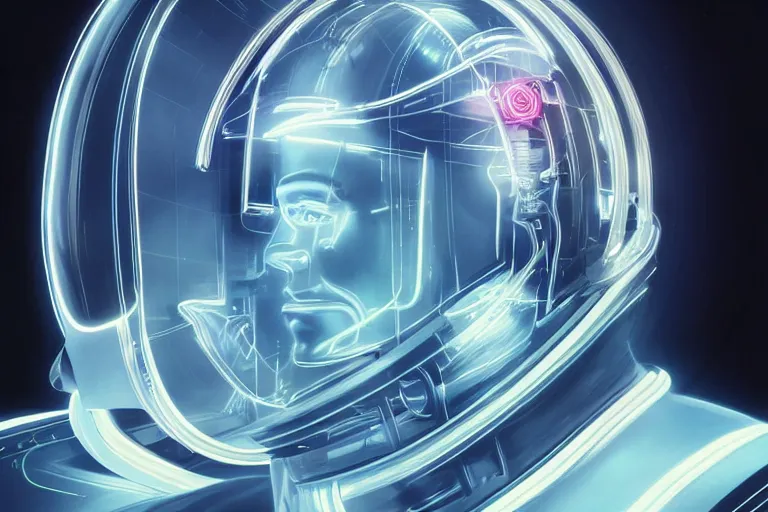 Prompt: portrait of a biomechanical head inside a futuristic space helmet, organic transistors, neon cables, tron highlights, white metal, iridescent visor, smooth, sharp focus, high detail, art by Artgerm and Raymond Liam Wong,