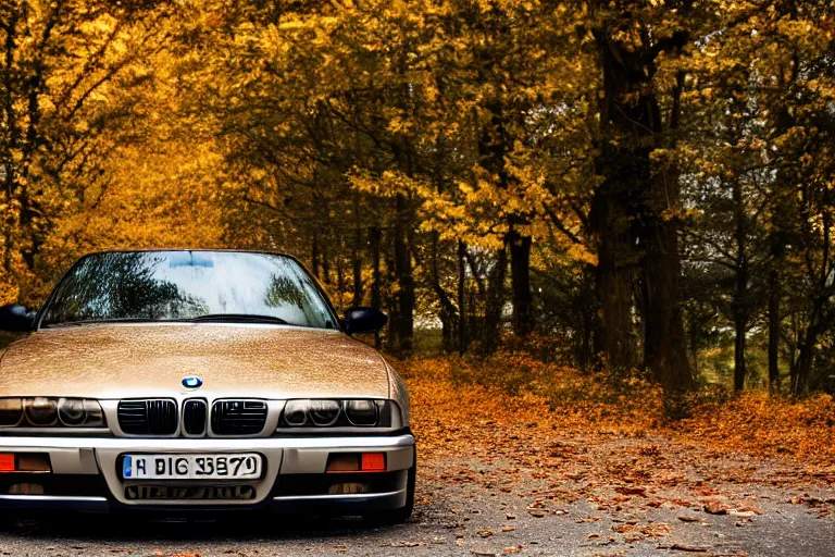 Image similar to A BMW e36 parked in a road with trees, autumn season, Epic photography, taken with a Leica camera, 50 mm, depth of field, bokeh