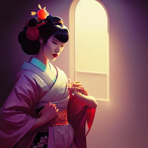 Image similar to pretty geisha, d & d digital painting, ultra realistic, beautiful, volumetric lighting, cell shading, by james jean, greg rutkowski, wlop