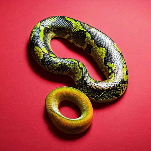 Image similar to award winning studio photography of a snake with weird fruit, studio lighting, solid background