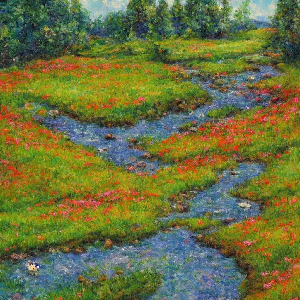 Prompt: an impressionist painting of a gorgeous meadow with a stream flowing through it surrounded by ( ( ( ( ( large mushrooms ) ) ) ) )!!!!!!!!!, psychedelic colors, trending on artstation