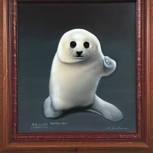 Prompt: portrait of a baby harp seal super hero, oil painting by alex ross