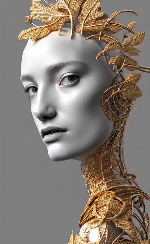 Prompt: complex 3d render ultra detailed of one single beautiful porcelain profile woman face, mechanical cyborg, 150 mm, accent lighting, beautiful studio soft light, rim light, silver gold red details, luxurious, magnolia big filigran ultra detailed leaves and stems, black roots, Alexander Mcqueen haute couture, fine foliage lace, mesh wire, filigran intricate details, hyperrealistic, mandelbrot fractal, anatomical, silver metal armor, facial muscles, cable wires, microchip, elegant, white background, beautiful white teeth, beautiful lips, octane render, H.R. Giger style, 8k