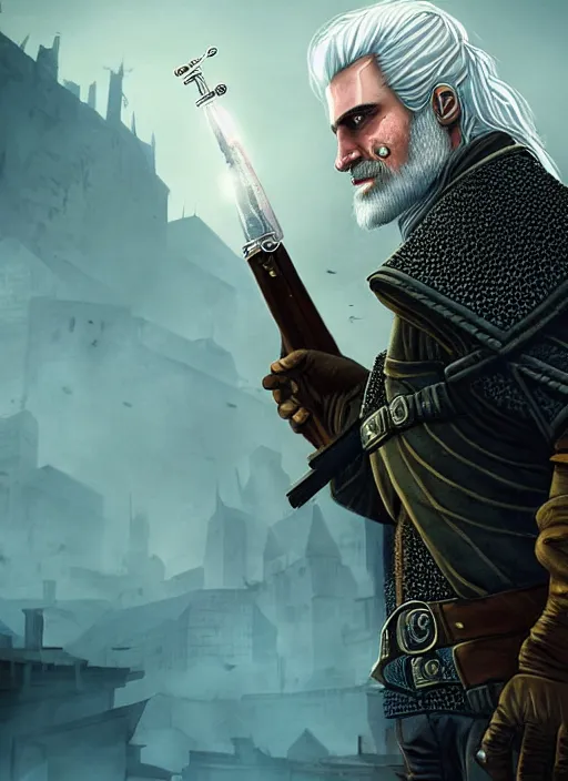 Image similar to portrait of a wizard holding a gun, the witcher has a half shaved head and tattoos, the wizard holding a pistol points downwards, the wizard holding a pistol is only one and stands in a ruined city. by Ciryl Rolando, hyperrealistic illustration, digital art, studio lightning, very detailed faces