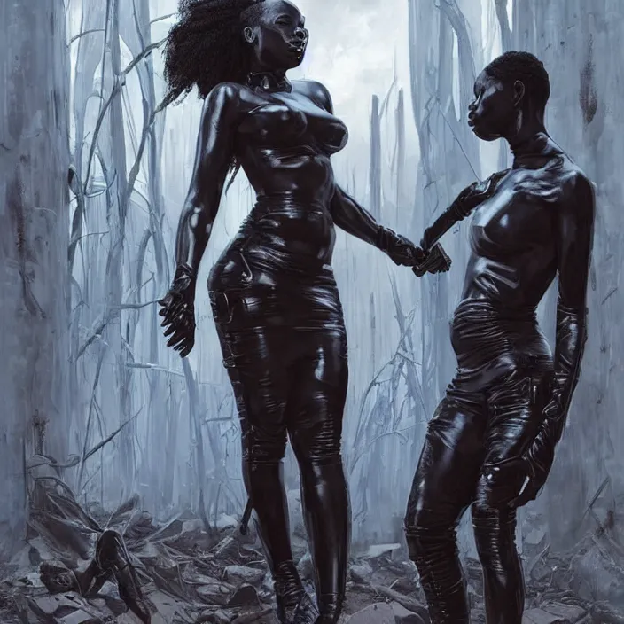 Image similar to african domme mistress, full body, black supremacy, rubber and latex, postapocalyptic, smooth white surroundings, future, high tech, concept art, realistic painting, digital art by greg rutkowski, by alex grey