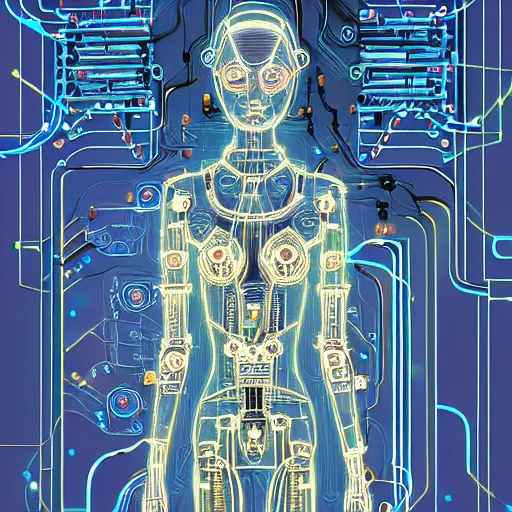 Image similar to a beautiful body of a bot pilot woman mostly made of wires and electronic circuits led luminous, an ultrafine detailed illustration by james jean, final fantasy, intricate linework, bright colors, behance contest winner, vanitas, angular, altermodern, unreal engine 5 highly rendered, global illumination, radiant light, detailed and intricate environment