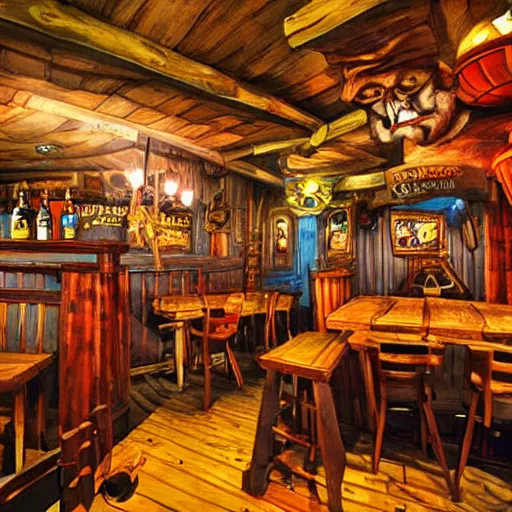 Prompt: secret of monkey island background, pirate pub interior, photograph