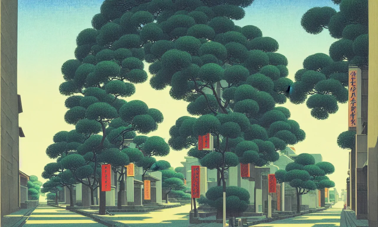 Prompt: an achingly beautiful print of a quiet street in Tokyo Japan with temples and plants, by Raphael, Hopper, and Rene Magritte. detailed, romantic, enchanting, trending on artstation.