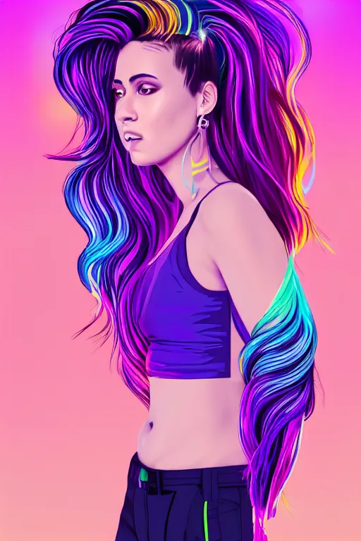 Image similar to a award winning half body portrait of a beautiful woman in a croptop and cargo pants with ombre purple pink teal hairstyle surrounded by whirling illuminated lines, outrun, vaporware, shaded flat illustration, digital art, trending on artstation, highly detailed, fine detail, intricate