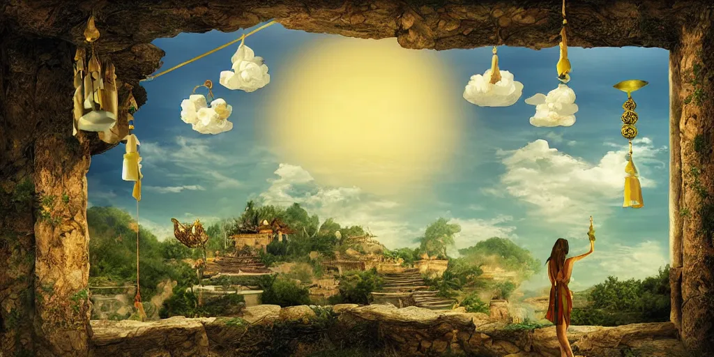 Prompt: wind god enjoying the view from his stone heavenly palace, decorated with windchimes and paper lanterns, nature, clouds and other palaces in background, digital art