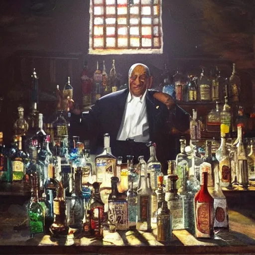 Prompt: a portrait of bill cosby surrounded by liquor bottles radiating holy light in the church,in the style of greg rutkowski,epic lighting,Postmodernism style,Masterpieces,oil on canvas