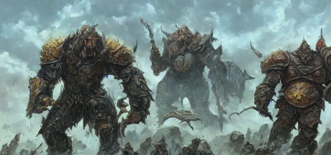 Prompt: oil painting of single giant conquering orc in full sci - fi armor roars as it steps over it's fallen enemy's bodies