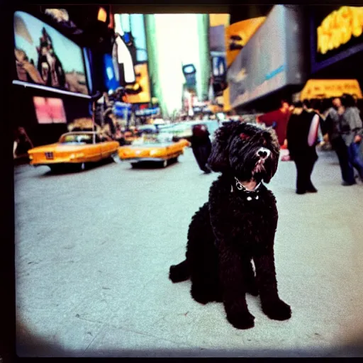 Prompt: portrait of a portuguese water dog in 1 9 7 0 s times square, polaroid