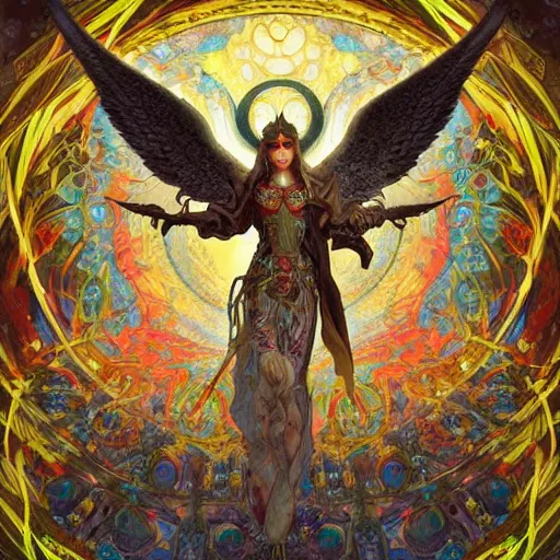 Prompt: into the light i command thee army of angels surrounding gothic filigree cathedral kandinsky style, jackson pollock style, mucha style, peter mohrbacher style, gustav moreau style, digital painting, detailed, depth, 8k rendering