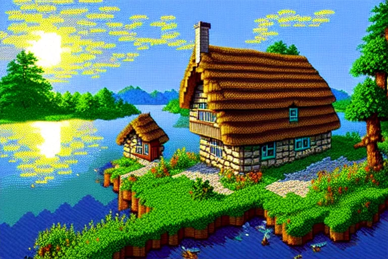 Image similar to view of a cottage above an azure lake, beautiful detailed pixelart by albertov, intricate details, beautiful, dithered gradients, volumetric lighting, cgsociety, artstation, 2 d