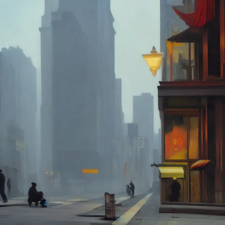 Image similar to streets filled with trash, city fog, early morning, , painted by Edward Hopper, painted by Wayne Barlow, airbrush